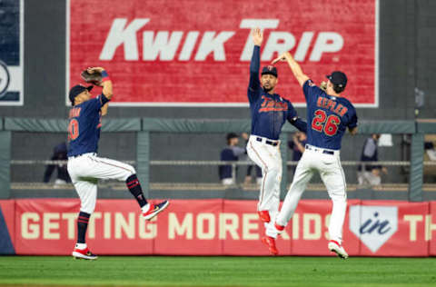 Eddie Rosario, Byron Buxton and Max Kepler celebrate (Photo by Brace Hemmelgarn/Minnesota Twins/Getty Images)