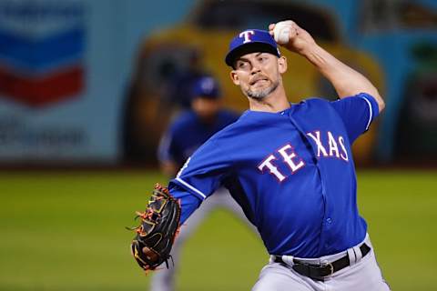 OAKLAND, CALIFORNIA – SEPTEMBER 20: Mike Minor #23 of the Texas Rangers pitches during the first inning against the Oakland Athletics at Ring Central Coliseum on September 20, 2019 in Oakland, California. (Photo by Daniel Shirey/Getty Images)