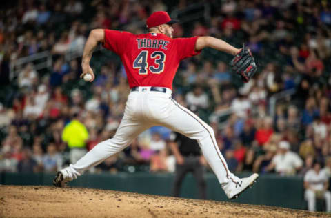 Lewis Thorpe of the Minnesota Twins pitches against the Kansas City Royals (Photo by Brace Hemmelgarn/Minnesota Twins/Getty Images)