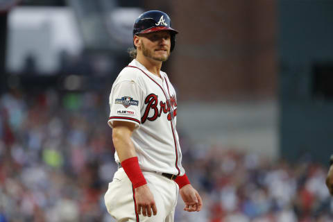 ATLANTA, GEORGIA – OCTOBER 03: Josh Donaldson #20 of the Atlanta Braves reacts after advancing to third base on a double by teammate Nick Markakis (not pictured) against the St. Louis Cardinals during the sixth inning in game one of the National League Division Series at SunTrust Park on October 03, 2019 in Atlanta, Georgia. (Photo by Kevin C. Cox/Getty Images)