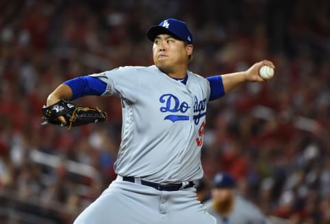 WASHINGTON, DC – OCTOBER 06: Pitcher Hyun-Jin Ryu #99 of the Los Angeles Dodgers delivers in the first inning of Game 3 of the NLDS against the Washington Nationals at Nationals Park on October 06, 2019 in Washington, DC. (Photo by Will Newton/Getty Images)