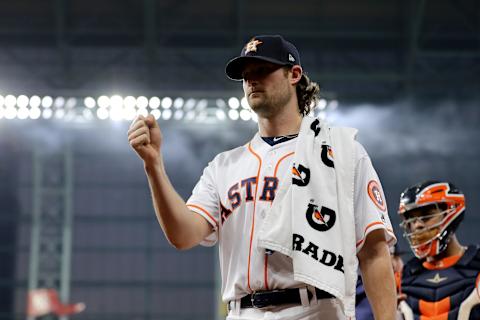 HOUSTON, TEXAS – OCTOBER 22: Gerrit Cole #45 of the Houston Astros prepares for Game One of the 2019 World Series against the Washington Nationals at Minute Maid Park on October 22, 2019 in Houston, Texas. (Photo by Elsa/Getty Images)