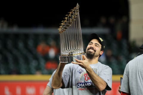 HOUSTON, TEXAS – OCTOBER 30: Anthony Rendon #6 of the Washington Nationals hoists the Commissioners Trophy after defeating the Houston Astros 6-2 in Game Seven to win the 2019 World Series in Game Seven of the 2019 World Series at Minute Maid Park on October 30, 2019 in Houston, Texas. (Photo by Mike Ehrmann/Getty Images)