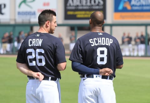 Former Minnesota Twins teammates and current Detroit Tigers C.J. Cron and Jonathan Schoop (Photo by Mark Cunningham/MLB Photos via Getty Images)