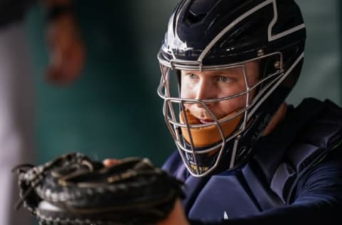 Ryan Jeffers of the Minnesota Twins fields during a team workout (Photo by Brace Hemmelgarn/Minnesota Twins/Getty Images)