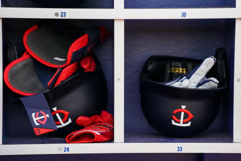 Minnesota Twins helmets in the dugout (Photo by Brace Hemmelgarn/Minnesota Twins/Getty Images)