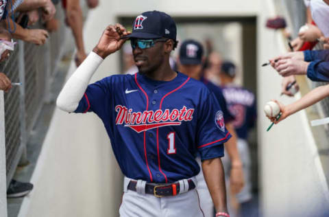 Nick Gordon of the Minnesota Twins looks on during a spring training game. (Photo by Brace Hemmelgarn/Minnesota Twins/Getty Images)