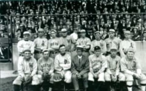 A group of all stars pose together in New York City left to right, are Bobby Wallace, Home Run Baker, Joe Wood, Walter Johnson, Hal Chase, Clyde Milan, and Eddie Collins. Seated are Germany Schaeffer, Tris Speaker,Sam Crawford, Ty Cobb, and Paddy Livingston (Photo Reproduction by Transcendental Graphics/Getty Images)