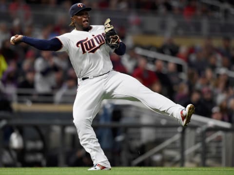 MINNEAPOLIS, MN – APRIL 18: Miguel Sano #22 of the Minnesota Twins makes a play to get out Lonnie Chisenhall #8 of the Cleveland Indians at first base during the fifth inning of the game on April 18, 2017 at Target Field in Minneapolis, Minnesota. (Photo by Hannah Foslien/Getty Images)