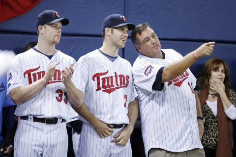 Former Minnesota Twins Justin Morneau, Joe Mauer, and Kent Hrbek (Photo by Bruce Kluckhohn/Getty Images)