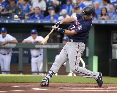 KANSAS CITY, MO – JULY 21: Joe Mauer #7 of the Minnesota Twins hits a double in the first inning against the Kansas City Royals at Kauffman Stadium on July 21, 2018 in Kansas City, Missouri. Mauer’s double set a team record for with 415. (Photo by Ed Zurga/Getty Images)