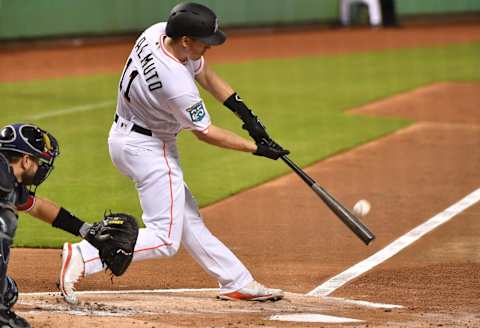 MIAMI, FL – JULY 29: J.T. Realmuto #11 of the Miami Marlins at bat in the first inning against the Washington Nationals at Marlins Park on July 29, 2018 in Miami, Florida. (Photo by Mark Brown/Getty Images)