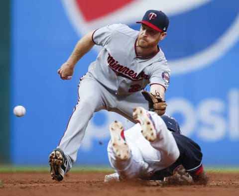 CLEVELAND, OH – AUGUST 08: Jose Ramirez #11 of the Cleveland Indians steals second base as Logan Forsythe #24 of the Minnesota Twins waits for the throw during the third inning at Progressive Field on August 8, 2018 in Cleveland, Ohio. (Photo by Ron Schwane/Getty Images)