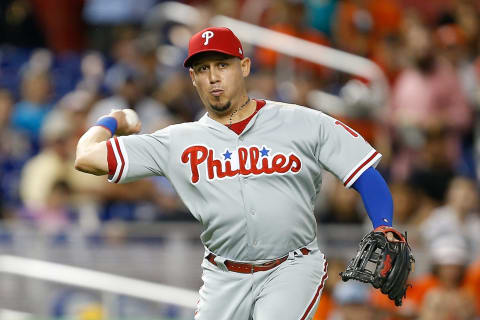 MIAMI, FL – SEPTEMBER 03: Asdrubal Cabrera #13 of the Philadelphia Phillies throws out a runner at first base against the Miami Marlins at Marlins Park on September 3, 2018 in Miami, Florida. (Photo by Michael Reaves/Getty Images)