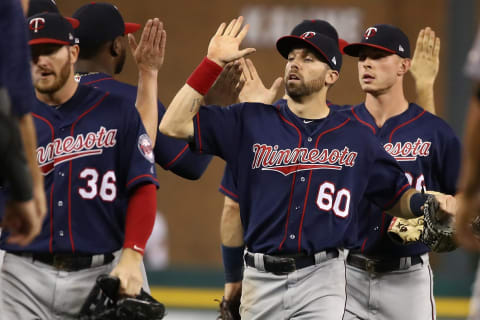 DETROIT, MI – September 18: Jake Cave #60 of the Minnesota Twins celebrates a 5-3 win over the Detroit Tigers with teammates at Comerica Park on September 18, 2018 in Detroit, Michigan. (Photo by Gregory Shamus/Getty Images)