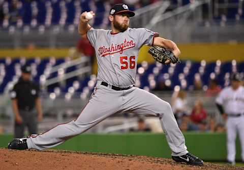 MIAMI, FL – SEPTEMBER 18: Greg Holland #56 of the Washington Nationals pitches in the eighth inning against the Miami Marlins at Marlins Park on September 18, 2018 in Miami, Florida. (Photo by Mark Brown/Getty Images)