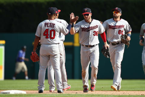 DETROIT, MI – September 19: Robbie Grossman #36 of the Minnesota Twins celebrates with teammates after defeating the Detroit Tigers 8-2 at Comerica Park on September 19, 2018 in Detroit, Michigan. (Photo by Gregory Shamus/Getty Images)