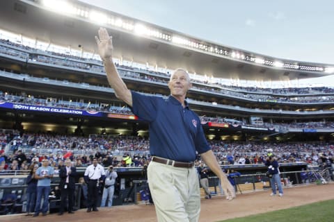 Former pitcher Jim Kaat for the Minnesota Twins acknowledges the crowd. (Photo by Bruce Kluckhohn/Getty Images)