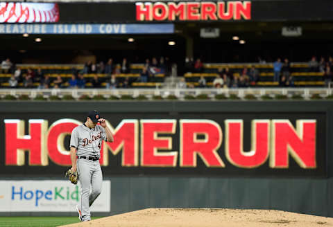 MINNEAPOLIS, MN – SEPTEMBER 26: Matthew Boyd #48 of the Detroit Tigers reacts after Tyler Austin #31 of the Minnesota Twins hit a two-run home run during the first inning of the game on September 26, 2018 at Target Field in Minneapolis, Minnesota. (Photo by Hannah Foslien/Getty Images)