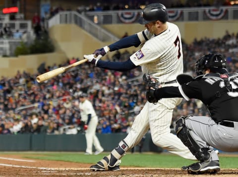 MINNEAPOLIS, MN – SEPTEMBER 29: Joe Mauer #7 of the Minnesota Twins hits an RBI single against the Chicago White Sox during the second inning of the game on September 29, 2018 at Target Field in Minneapolis, Minnesota. (Photo by Hannah Foslien/Getty Images)