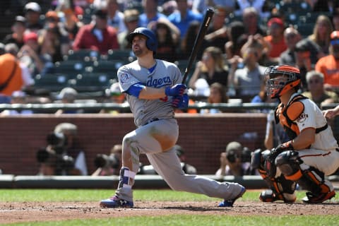 SAN FRANCISCO, CA – SEPTEMBER 30: Brian Dozier #6 of the Los Angeles Dodgers watches his two-run homerun against the San Francisco Giants during their MLB game at AT&T Park on September 30, 2018 in San Francisco, California. (Photo by Robert Reiners/Getty Images)