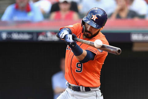 CLEVELAND, OH – OCTOBER 08: Marwin Gonzalez #9 of the Houston Astros hits a two-run RBI double in the seventh inning against the Cleveland Indians during Game Three of the American League Division Series at Progressive Field on October 8, 2018 in Cleveland, Ohio. (Photo by Jason Miller/Getty Images)