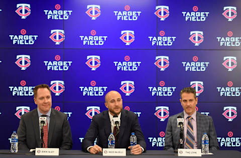 MINNEAPOLIS, MN – OCTOBER 25: (L-R) Chief Baseball Officer Derek Falvey, Manager Rocco Baldelli and General Manager Thad Levine of the Minnesota Twins speak as Baldelli is introduced at a press conference at Target Field on October 25, 2018 in Minneapolis, Minnesota. (Photo by Hannah Foslien/Getty Images)