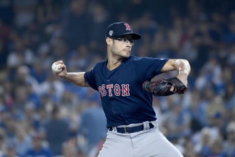 LOS ANGELES, CA – OCTOBER 27: Pitcher Joe Kelly #56 of the Boston Red Sox pitches in relief in the seventh inning of Game Four of the 2018 World Series against the Los Angeles Dodgers at Dodger Stadium on October 27, 2018 in Los Angeles, California. (Photo by Harry How/Getty Images)