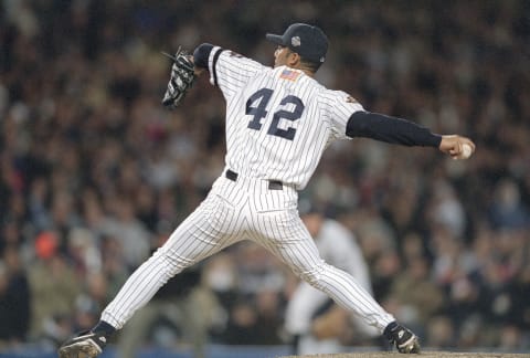 Mariano Rivera of the New York Yankees pitches against the Arizona Diamondbacks in the 2001 World Series. (Photo by Focus on Sport/Getty Images)