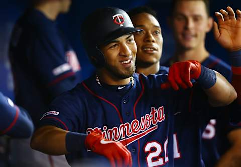 TORONTO, ON – MAY 08: Eddie Rosario #20 of the Minnesota Twins celebrates with teammates after hitting a 2 run home run in the sixth inning during a MLB game against the Toronto Blue Jays at Rogers Centre on May 8, 2019 in Toronto, Canada. (Photo by Vaughn Ridley/Getty Images)