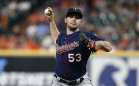 HOUSTON, TEXAS – APRIL 24: Kohl Stewart #53 of the Minnesota Twins pitches in the first inning against the Houston Astros at Minute Maid Park on April 24, 2019 in Houston, Texas. (Photo by Bob Levey/Getty Images)