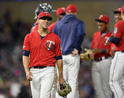 MINNEAPOLIS, MN – MAY 24: Jose Berrios #17 of the Minnesota Twins smiles as he leaves the game against the Chicago White Sox during the seventh inning of the game on May 24, 2019 at Target Field in Minneapolis, Minnesota. The Twins defeated the White Sox 11-4. (Photo by Hannah Foslien/Getty Images)