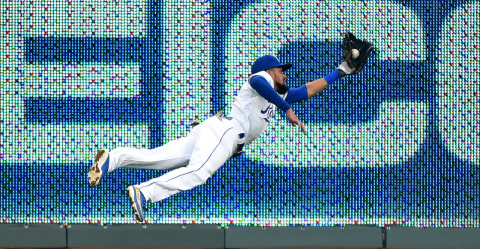 KANSAS CITY, MISSOURI – MAY 01: Billy Hamilton #6 of the Kansas City Royals catches a ball hit by Mike Zunino #10 of the Tampa Bay Rays in the seventh inning in game two of a doubleheader at Kauffman Stadium on May 01, 2019 in Kansas City, Missouri. (Photo by Ed Zurga/Getty Images)