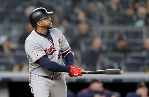 NEW YORK, NEW YORK – MAY 03: Nelson Cruz #23 of the Minnesota Twins watches his two run home run in the eighth inning against the New York Yankees at Yankee Stadium on May 03, 2019 in the Bronx borough of New York City. (Photo by Elsa/Getty Images)