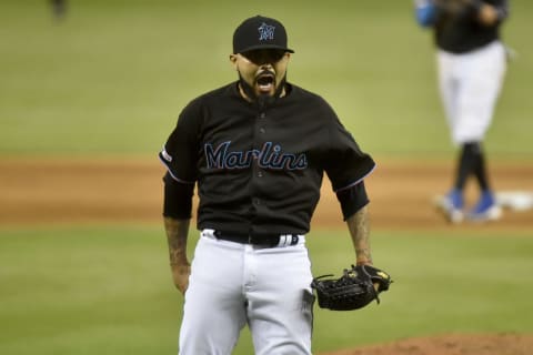 MIAMI, FL – JUNE 15: Sergio Romo #54 of the Miami Marlins celebrates after defeating the Pittsburgh Pirates at Marlins Park on June 15, 2019 in Miami, Florida. (Photo by Eric Espada/Getty Images)