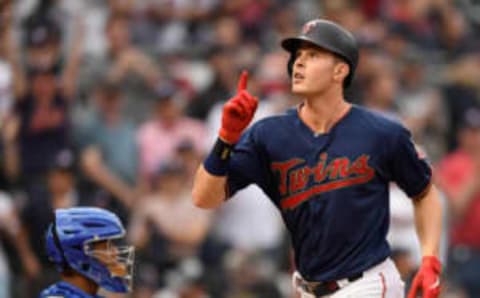 MINNEAPOLIS, MN – JUNE 15: Max Kepler #26 of the Minnesota Twins celebrates as he crosses home plate after hitting a solo home run as Brad Boxberger #26 of the Kansas City Royals looks on during the fourth inning of the game on June 15, 2019 at Target Field in Minneapolis, Minnesota. The Twins defeated the Royals 5-4. (Photo by Hannah Foslien/Getty Images)