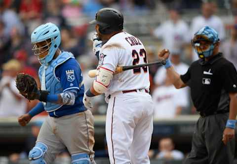 MINNEAPOLIS, MN – JUNE 16: Cheslor Cuthbert #19 of the Kansas City Royals looks on as Nelson Cruz #23 of the Minnesota Twins reacts being called out on strikes by home plate umpire Vic Carapazza #19 to end the game on June 16, 2019 at Target Field in Minneapolis, Minnesota. The Royals defeated Twins 8-6. (Photo by Hannah Foslien/Getty Images)