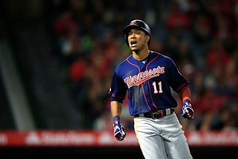 ANAHEIM, CALIFORNIA – MAY 20: Jorge Polanco #11 of the Minnesota Twins reacts to flying out during the fifth inning of a game against the Los Angeles Angels of Anaheimat Angel Stadium of Anaheim on May 20, 2019 in Anaheim, California. (Photo by Sean M. Haffey/Getty Images)