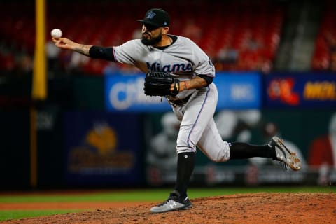 ST LOUIS, MO – JUNE 20: Sergio Romo #54 of the Miami Marlins delivers a pitch against the St. Louis Cardinals in the eleventh inning at Busch Stadium on June 20, 2019, in St Louis, Missouri. (Photo by Dilip Vishwanat/Getty Images)