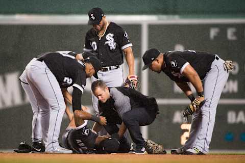 BOSTON, MA – JUNE 25: Tim Anderson #7 of the Chicago White Sox goes down with an injury in the fifth inning against the Boston Red Sox at Fenway Park on June 25, 2019 in Boston, Massachusetts. (Photo by Kathryn Riley/Getty Images)