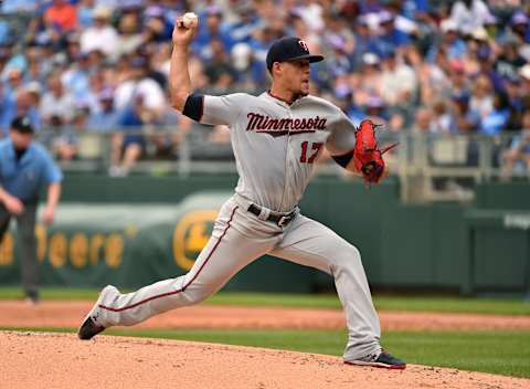 KANSAS CITY, MISSOURI – JUNE 22: Starting pitcher Jose Berrios #17 of the Minnesota Twins throws in the first inning against the against the Kansas City Royals at Kauffman Stadium on June 22, 2019 in Kansas City, Missouri. (Photo by Ed Zurga/Getty Images)