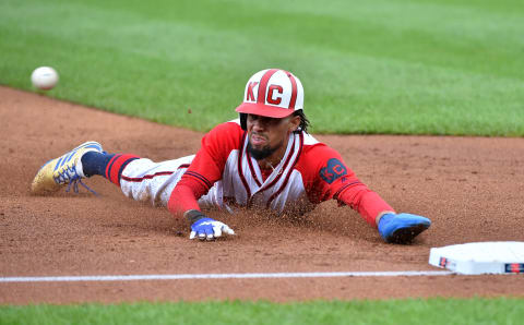 KANSAS CITY, MISSOURI – JUNE 23: Billy Hamilton #6 of the Kansas City Royals slides into third for a steal in the fourth inning against the Minnesota Twins at Kauffman Stadium on June 23, 2019 in Kansas City, Missouri. (Photo by Ed Zurga/Getty Images)