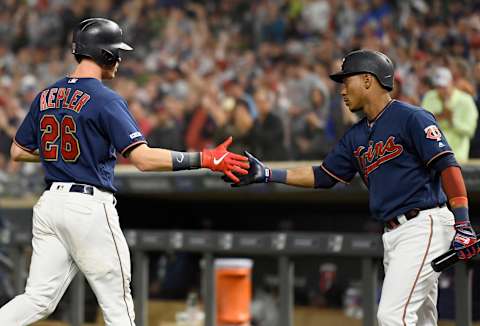 MINNEAPOLIS, MN – AUGUST 10: Jorge Polanco #11 of the Minnesota Twins congratulates teammate Max Kepler #26 on a solo home run against the Cleveland Indians during the fifth inning of the game on August 10, 2019 at Target Field in Minneapolis, Minnesota. (Photo by Hannah Foslien/Getty Images)