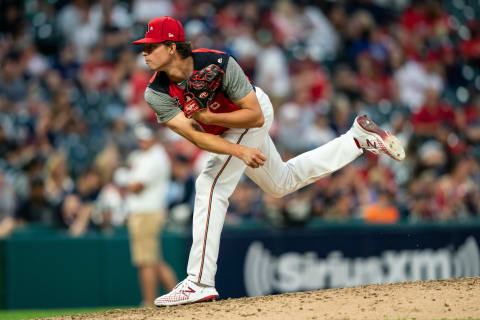 Jordan Balazovic of the American League Futures Team pitches during the SiriusXM All-Star Futures Game on July 7, 2019 at Progressive Field in Cleveland, Ohio. (Photo by Brace Hemmelgarn/Minnesota Twins/Getty Images)