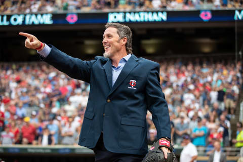 Former player Joe Nathan is inducted in the Minnesota Twins Hall of Fame. (Photo by Brace Hemmelgarn/Minnesota Twins/Getty Images)