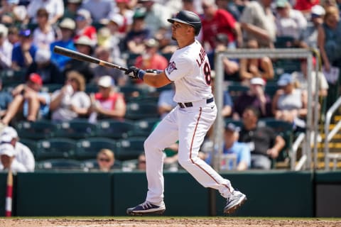 Trevor Larnach of the Minnesota Twins bats during a spring training game. (Photo by Brace Hemmelgarn/Minnesota Twins/Getty Images)