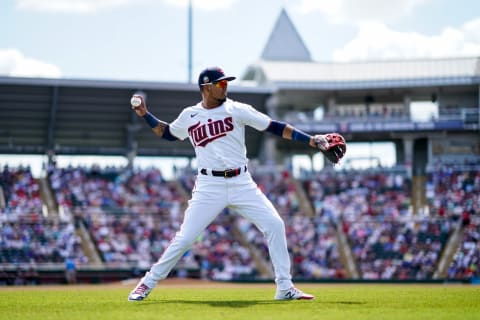 Luis Arraez of the Minnesota Twins throws during a spring training game. (Photo by Brace Hemmelgarn/Minnesota Twins/Getty Images)