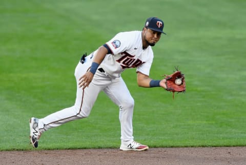 Luis Arraez of the Minnesota Twins catches the ball hit by Ryan Braun at second base during the second inning. (Photo by Hannah Foslien/Getty Images)