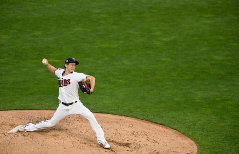 Kenta Maeda of the Minnesota Twins delivers a pitch against the Milwaukee Brewers. (Photo by Hannah Foslien/Getty Images)