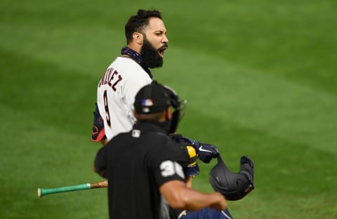 Marwin Gonzalez of the Minnesota Twins reacts to a called third strike against the Milwaukee Brewers. (Photo by Hannah Foslien/Getty Images)